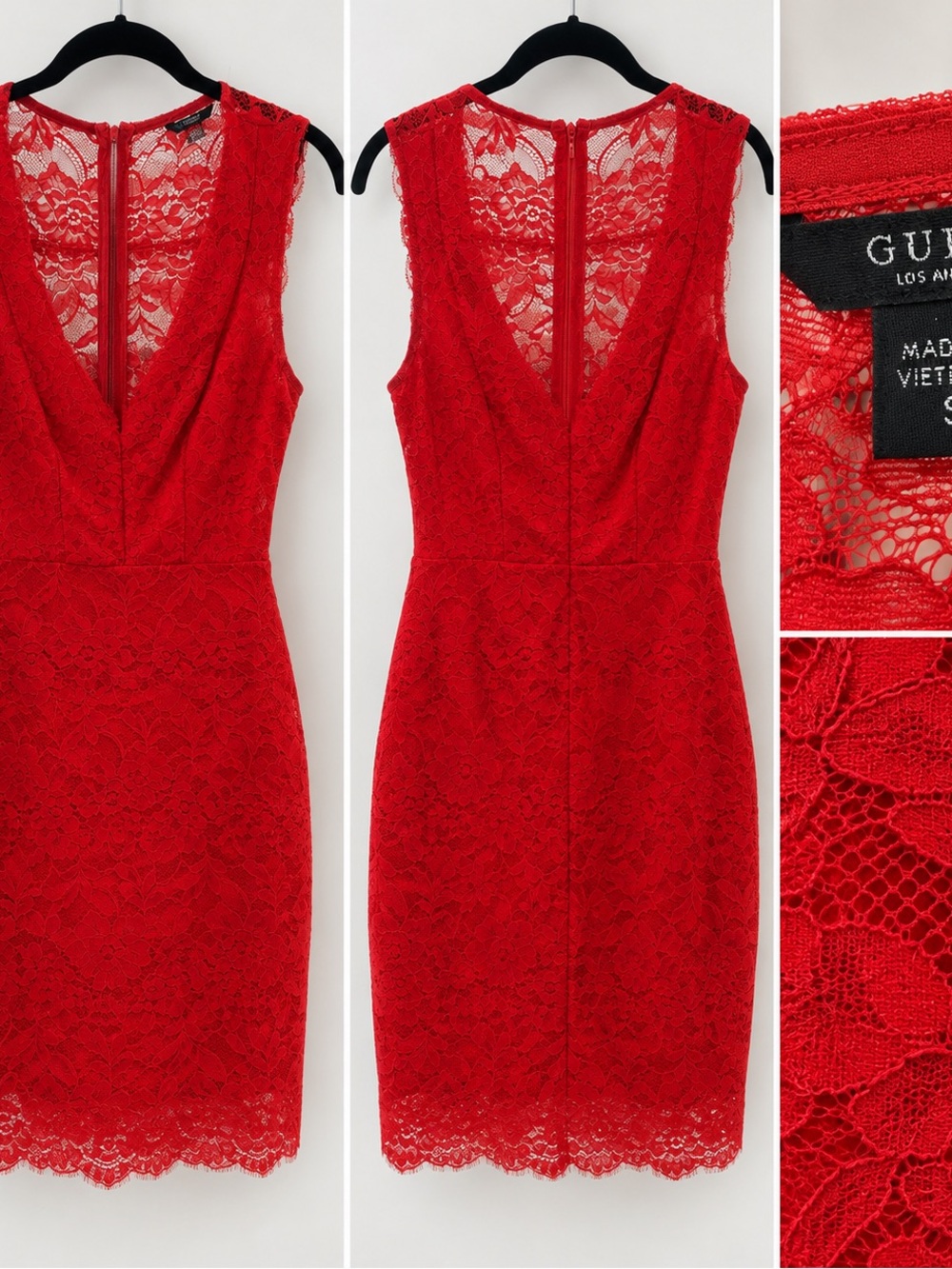 GUESS Red Lace V-Neck Sheath Dress with Scalloped Hem